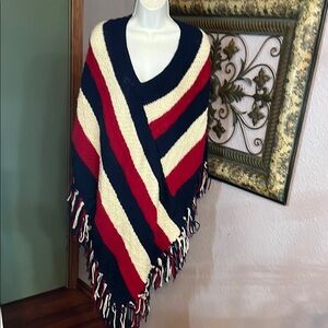 Homemade Striped Knit Poncho in Red, Navy, and White with Fringe Sz OS
